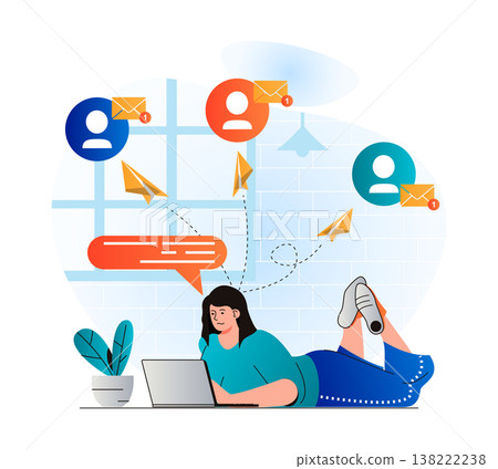 Email service concept in modern flat design. Woman sending and receiving new letters from laptop, makes promotional mailing. Online communication technology, business contact. Vector illustration Email service concept in modern flat design. Woman sending and receiving new letters from laptop, makes promotional mailing. Online communication technology, business contact. Vector illustration 138222238