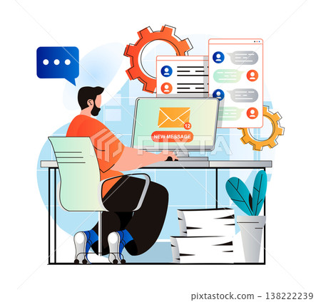 Email service concept in modern flat design. Man receives new letters and looks mail from computer. Online communication technology, business correspondence, promotional mailing. Vector illustration Email service concept in modern flat design. Man receives new letters and looks mail from computer. Online communication technology, business correspondence, promotional mailing. Vector illustration 138222239