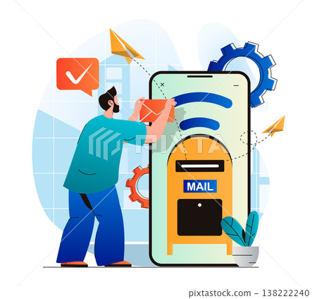 Email service concept in modern flat design.Man sending new letters from mobile application of mailbox. Online communication technology, business contact, promotional mailing. Vector illustration Email service concept in modern flat design.Man sending new letters from mobile application of mailbox. Online communication technology, business contact, promotional mailing. Vector illustration 138222240