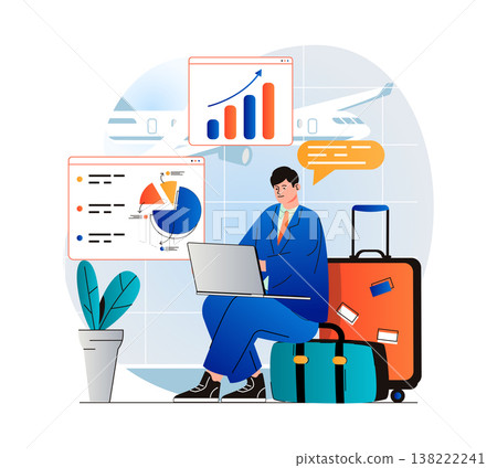 Freelance working concept in modern flat design. Businessman working on laptop while sitting in waiting room at airport. Remote worker performs tasks online on business trip. Vector illustration Freelance working concept in modern flat design. Businessman working on laptop while sitting in waiting room at airport. Remote worker performs tasks online on business trip. Vector illustration 138222241