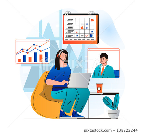Freelance working concept in modern flat design. Woman discusses tasks with colleague by video call, analyzes data and planning business meetings, works on laptop from home office. Vector illustration Freelance working concept in modern flat design. Woman discusses tasks with colleague by video call, analyzes data and planning business meetings, works on laptop from home office. Vector illustration 138222244