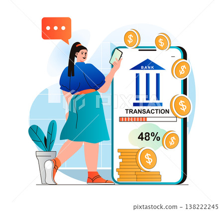 Mobile banking concept in modern flat design. Woman receives financial services in mobile application. Client uses bank account online, conducts transactions, stores savings. Vector illustration Mobile banking concept in modern flat design. Woman receives financial services in mobile application. Client uses bank account online, conducts transactions, stores savings. Vector illustration 138222245