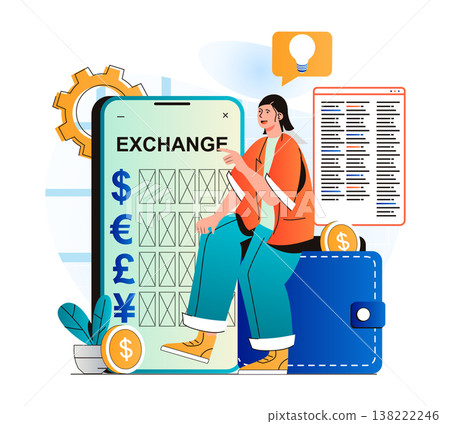Mobile banking concept in modern flat design. Woman exchanges currency between e-wallets in mobile application. Client uses bank account online, receives financial services. Vector illustration Mobile banking concept in modern flat design. Woman exchanges currency between e-wallets in mobile application. Client uses bank account online, receives financial services. Vector illustration 138222246