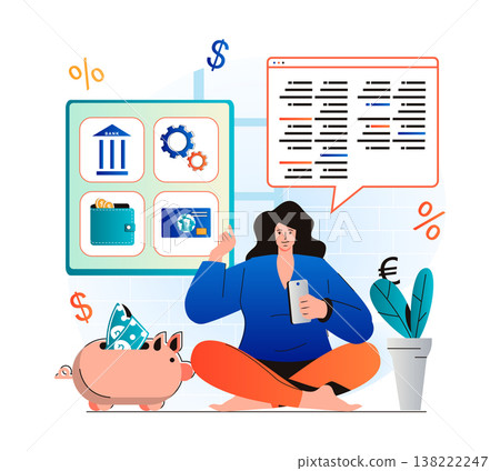 Mobile banking concept in modern flat design. Woman has financial account, electronic wallet, uses credit card, stores savings, conducts transactions in online financial account. Vector illustration Mobile banking concept in modern flat design. Woman has financial account, electronic wallet, uses credit card, stores savings, conducts transactions in online financial account. Vector illustration 138222247