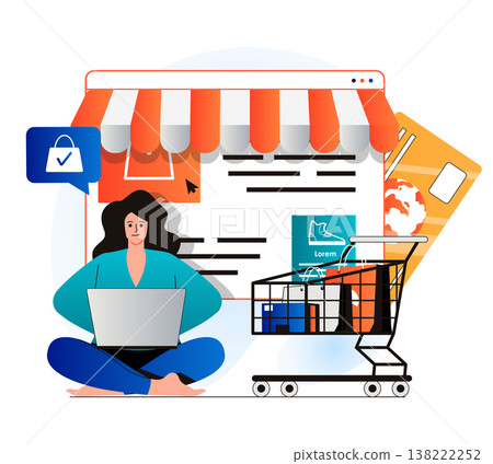 Mobile commerce concept in modern flat design. Woman makes profitable purchases on store website, paying and orders home delivery. Smart online shopping, e-commerce and e-business. Vector illustration 138222252
