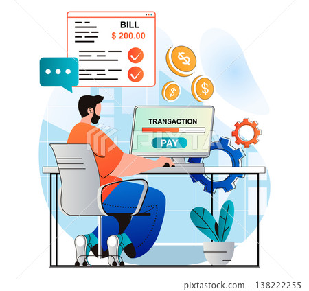 Online payment concept in modern flat design. Man conducts online financial transaction with computer at home. Customer paying bill with credit card at website of banking. Vector illustration Online payment concept in modern flat design. Man conducts online financial transaction with computer at home. Customer paying bill with credit card at website of banking. Vector illustration 138222255