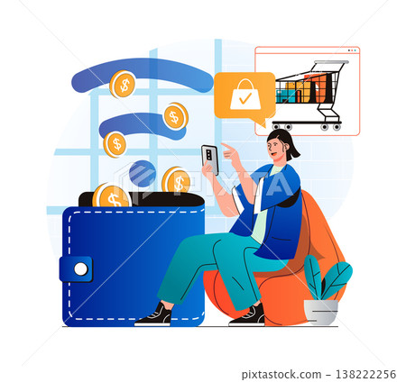 Online payment concept in modern flat design. Woman paying for purchases in mobile application and saving her money. Customer using contactless payment at smartphone in store. Vector illustration 138222256