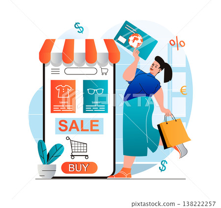 Online shopping concept in modern flat design. Woman buying and paying for goods in mobile application using credit card. Customer makes profitably purchases on store website. Vector illustration 138222257