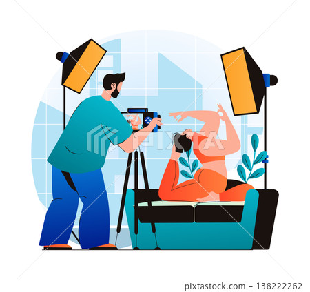 Photo studio concept in modern flat design. Man photographer with photo camera works in professional salon with equipment, makes photoshoot for posing woman sitting in yoga asana. Vector illustration Photo studio concept in modern flat design. Man photographer with photo camera works in professional salon with equipment, makes photoshoot for posing woman sitting in yoga asana. Vector illustration 138222262