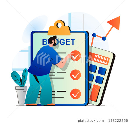 Planning financial budget concept in modern flat design. Man examines checklist, does accounting, analyzes business statistics. Success financial strategy, investment and growth. Vector illustration 138222266