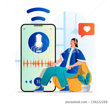 Podcast streaming concept in modern flat design. Woman with headphones is enjoying podcast or listening music using mobile app. Host talking in microphone at live radio show. Vector illustration 138222269