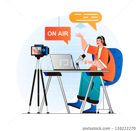 Podcast streaming concept in modern flat design. Woman with headphones talking in microphone at live radio show and recording on video camera at studio. Blogger live broadcasting. Vector illustration 138222270