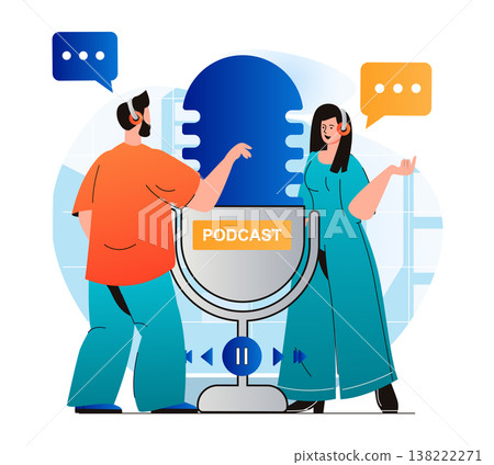 Podcast streaming concept in modern flat design. Woman and man in headphones talking in microphone at live radio show at studio. Host and guest discussing at live broadcasting. Vector illustration 138222271