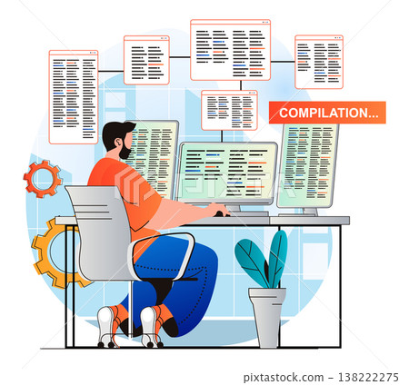 Programming working concept in modern flat design. Developer does compilation of program. Man creates software, working at computer. Development, optimization and testing apps. Vector illustration Programming working concept in modern flat design. Developer does compilation of program. Man creates software, working at computer. Development, optimization and testing apps. Vector illustration 138222275