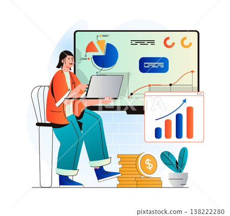 Sales performance concept in modern flat design. Woman works with financial statistics, profit growth and analysis business strategy. Successful strategy and increases income. Vector illustration 138222280