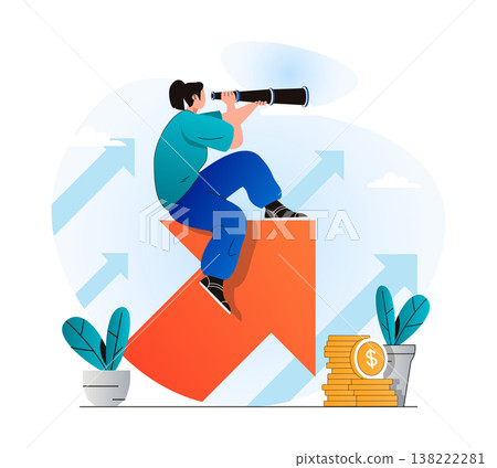 Searching opportunity concept in modern flat design. Woman looks through spyglass and looks for new business projects or vacancies. Achieving career goals and professional growth. Vector illustration 138222281
