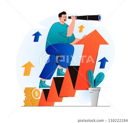 Searching opportunity concept in modern flat design. Man looks through spyglass and looks of new vacancies for professional growth. Leadership, successful business, profit growth. Vector illustration Searching opportunity concept in modern flat design. Man looks through spyglass and looks of new vacancies for professional growth. Leadership, successful business, profit growth. Vector illustration 138222284