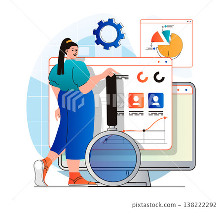 Seo analysis concept in modern flat design. Woman analyzes data and search results, settings search machine and increases site rankings. Development promotion strategy of website. Vector illustration Seo analysis concept in modern flat design. Woman analyzes data and search results, settings search machine and increases site rankings. Development promotion strategy of website. Vector illustration 138222292