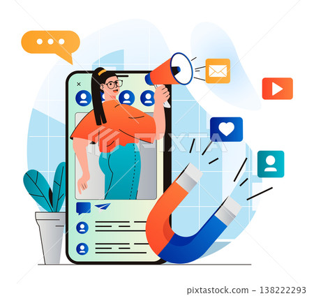 Social media marketing concept in modern flat design. Woman with megaphone attracting audience and making advertising campaign. Online promotion business in mobile applications. Vector illustration Social media marketing concept in modern flat design. Woman with megaphone attracting audience and making advertising campaign. Online promotion business in mobile applications. Vector illustration 138222293