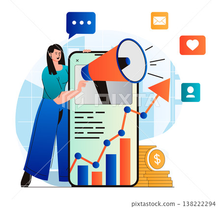 Social media marketing concept in modern flat design. Woman with megaphone attracting audience and analysis data of advertising campaign. Online promotion in mobile applications. Vector illustration Social media marketing concept in modern flat design. Woman with megaphone attracting audience and analysis data of advertising campaign. Online promotion in mobile applications. Vector illustration 138222294