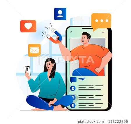 Social media marketing concept in modern flat design. Woman sends messages or likes posts on mobile phone and sees online ads. Marketer attracting new customers, promotes business. Vector illustration Social media marketing concept in modern flat design. Woman sends messages or likes posts on mobile phone and sees online ads. Marketer attracting new customers, promotes business. Vector illustration 138222296
