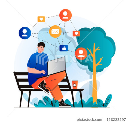 Social network concept in modern flat design. Man sends messages to friends and likes posts on social media using laptop while sitting on bench in park. Online communication. Vector illustration Social network concept in modern flat design. Man sends messages to friends and likes posts on social media using laptop while sitting on bench in park. Online communication. Vector illustration 138222297
