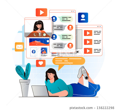 Social network concept in modern flat design. Woman chatting with friends, likes posts and browsing social media using laptop at home. Online communication and virtual community. Vector illustration Social network concept in modern flat design. Woman chatting with friends, likes posts and browsing social media using laptop at home. Online communication and virtual community. Vector illustration 138222298