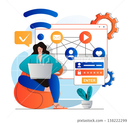 Social network concept in modern flat design. Woman gets access to profile with password and login, sends messages and views digital content in social media. Online communication. Vector illustration Social network concept in modern flat design. Woman gets access to profile with password and login, sends messages and views digital content in social media. Online communication. Vector illustration 138222299