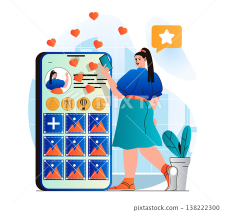 Social network concept in modern flat design. Woman has personal blog on social media, publishes posts with photos and shares information with followers. Online communication. Vector illustration Social network concept in modern flat design. Woman has personal blog on social media, publishes posts with photos and shares information with followers. Online communication. Vector illustration 138222300