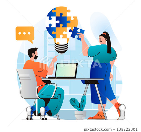 Teamwork concept in modern flat design. Team works in office, generates ideas, brainstorms, discusses tasks and cooperates at business meeting. Colleagues putting puzzle together. Vector illustration Teamwork concept in modern flat design. Team works in office, generates ideas, brainstorms, discusses tasks and cooperates at business meeting. Colleagues putting puzzle together. Vector illustration 138222301