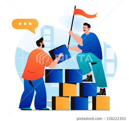 Teamwork concept in modern flat design. Colleagues building startup together, achieve career goals, collaborate and partner, development business and increase income, leadership. Vector illustration 138222303