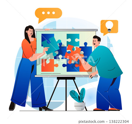 Teamwork concept in modern flat design. Colleagues putting puzzle together, work together on project, generates ideas, brainstorms, collaborate and partner, development business. Vector illustration 138222304