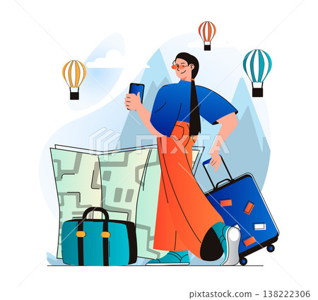Traveling people concept in modern flat design. Woman traveler with luggage went on vacation and chooses route with map. World tourism, sightseeing in tourist spots and recreation. Vector illustration Traveling people concept in modern flat design. Woman traveler with luggage went on vacation and chooses route with map. World tourism, sightseeing in tourist spots and recreation. Vector illustration 138222306