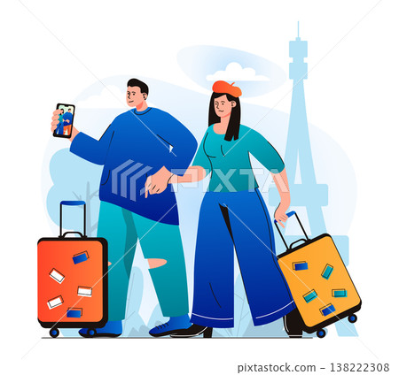 Traveling people concept in modern flat design. Couple travelers with luggage went on vacation and takes selfie in Paris. World tourism and sightseeing in tourist spots of French. Vector illustration Traveling people concept in modern flat design. Couple travelers with luggage went on vacation and takes selfie in Paris. World tourism and sightseeing in tourist spots of French. Vector illustration 138222308