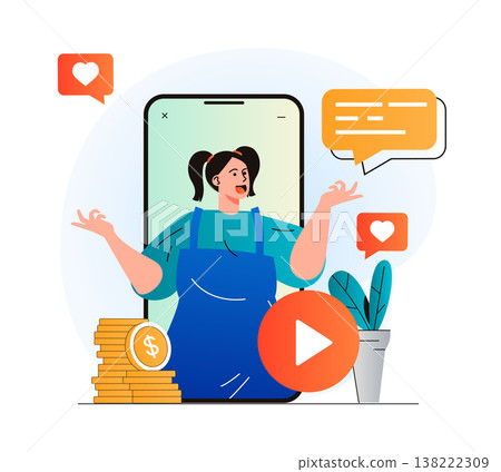 Video blogging concept in modern flat design. Woman blogger in video clip in mobile application. Digital content creation, channel development, followers and online promotion. Vector illustration Video blogging concept in modern flat design. Woman blogger in video clip in mobile application. Digital content creation, channel development, followers and online promotion. Vector illustration 138222309