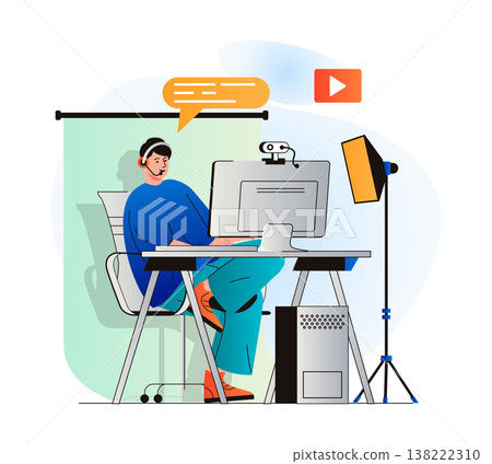 Video blogging concept in modern flat design. Blogger records video clip in home studio or live broadcasting for followers on computer. Digital content creation, channel promotion. Vector illustration Video blogging concept in modern flat design. Blogger records video clip in home studio or live broadcasting for followers on computer. Digital content creation, channel promotion. Vector illustration 138222310