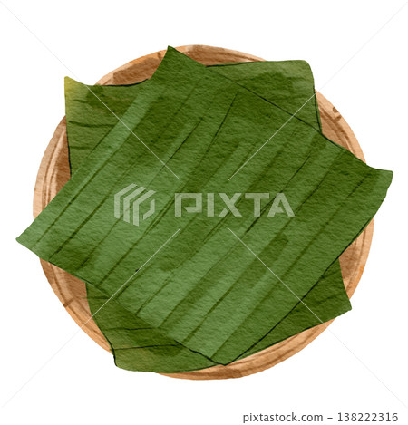Fresh Green Banana Leaves Stacked in Bamboo Basket Tray Fresh Green Banana Leaves Stacked in Bamboo Basket Tray 138222316