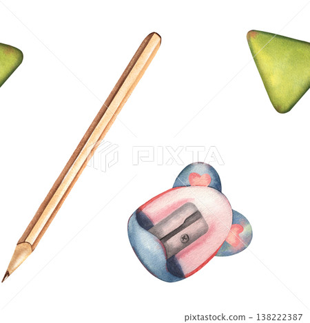 Seamless pattern with pencil, eraser, sharpener. Hand-painted watercolor illustration isolated on white background. Creative design ideal for school supplies, stationery, textiles, packaging, branding Seamless pattern with pencil, eraser, sharpener. Hand-painted watercolor illustration isolated on white background. Creative design ideal for school supplies, stationery, textiles, packaging, branding 138222387