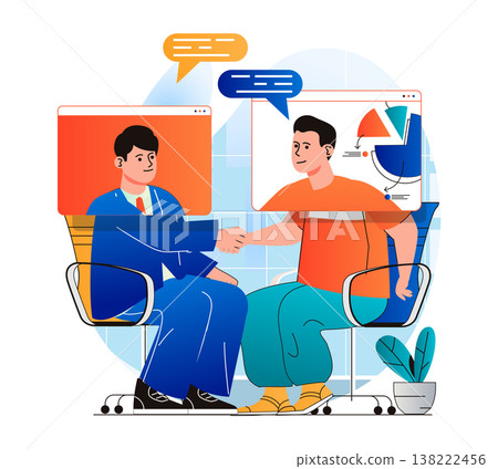 Video conference concept in modern flat design. Men communicate remotely using video call at screens. Employees discussing tasks and virtually shaking hands at online meeting. Vector illustration Video conference concept in modern flat design. Men communicate remotely using video call at screens. Employees discussing tasks and virtually shaking hands at online meeting. Vector illustration 138222456