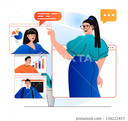 Video conference concept in modern flat design. Woman listens to colleagues reports remotely using group video call at screens. Employees discussing tasks at online meeting. Vector illustration Video conference concept in modern flat design. Woman listens to colleagues reports remotely using group video call at screens. Employees discussing tasks at online meeting. Vector illustration 138222457