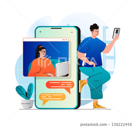 Video chatting concept in modern flat design. Man and woman communicate by video call and correspond in messenger on mobile phone. Online communication with friends or family. Vector illustration Video chatting concept in modern flat design. Man and woman communicate by video call and correspond in messenger on mobile phone. Online communication with friends or family. Vector illustration 138222458