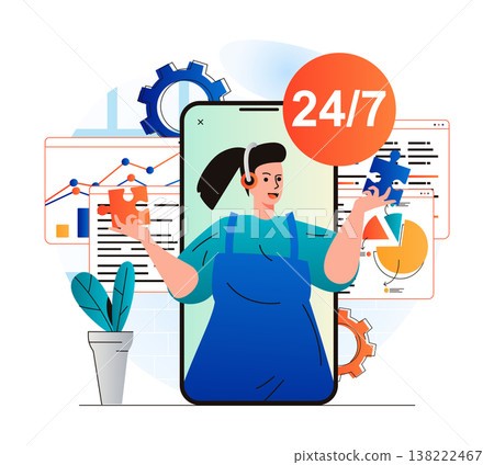 Virtual assistant concept in modern flat design. Woman operator with headphones advises and helps clients around the clock in mobile application. Online customer support service. Vector illustration 138222467