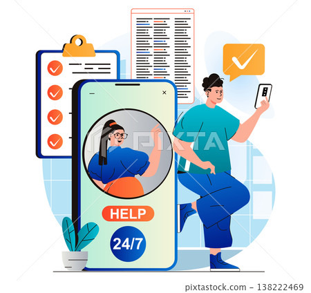 Virtual assistant concept in modern flat design. man communicates with customer service operator on mobile phone. Consultant helps clients around the clock to solve problems. Vector illustration 138222469