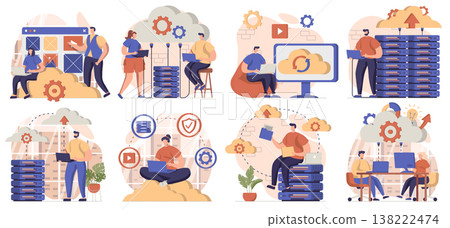Cloud computing collection of scenes isolated. People upload files, storage at server and processing, set in flat design. Vector illustration for blogging, website, mobile app, promotional materials. 138222474