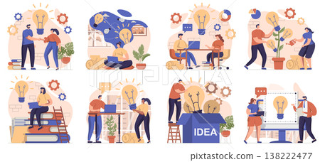 Business idea collection of scenes isolated. People brainstorming, generating ideas and innovations, set in flat design. Vector illustration for blogging, website, mobile app, promotional materials. Business idea collection of scenes isolated. People brainstorming, generating ideas and innovations, set in flat design. Vector illustration for blogging, website, mobile app, promotional materials. 138222477