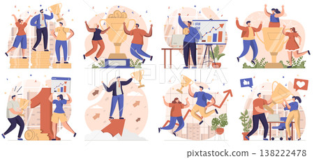 Business award collection of scenes isolated. People celebrating success, achieving goals and win, set in flat design. Vector illustration for blogging, website, mobile app, promotional materials. Business award collection of scenes isolated. People celebrating success, achieving goals and win, set in flat design. Vector illustration for blogging, website, mobile app, promotional materials. 138222478