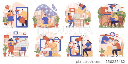 Digital marketing collection of scenes isolated. People promote online and make advertising campaigns, set in flat design. Vector illustration for blogging, website, mobile app, promotional materials. 138222482