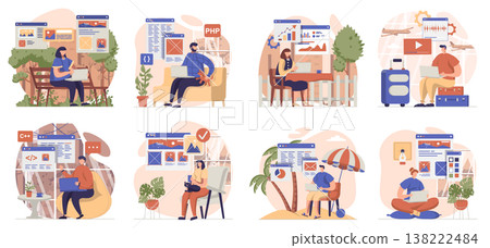 Freelance working collection of scenes isolated. People work with laptops remotely from workplace, set in flat design. Vector illustration for blogging, website, mobile app, promotional materials. Freelance working collection of scenes isolated. People work with laptops remotely from workplace, set in flat design. Vector illustration for blogging, website, mobile app, promotional materials. 138222484
