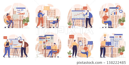 Office work collection of scenes isolated. People make presentations, brainstorming, complete tasks, set in flat design. Vector illustration for blogging, website, mobile app, promotional materials. Office work collection of scenes isolated. People make presentations, brainstorming, complete tasks, set in flat design. Vector illustration for blogging, website, mobile app, promotional materials. 138222485