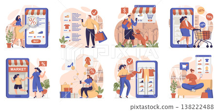 Mobile commerce collection of scenes isolated. People make purchases and pay for orders in apps, set in flat design. Vector illustration for blogging, website, mobile app, promotional materials. Mobile commerce collection of scenes isolated. People make purchases and pay for orders in apps, set in flat design. Vector illustration for blogging, website, mobile app, promotional materials. 138222488